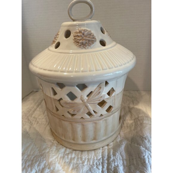 Vintage Yankee Candle Stoneware Lantern with Dragonfly & Floral Design Beige - Picture 4 of 8